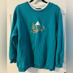 VTG Winter Themed Embroidered Gazebo Garden Grannycore Oversized Sweatshirt 1X